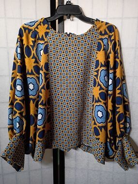 Chico's Mustard Yellow & Navy Geometric Floral-Print Blouse